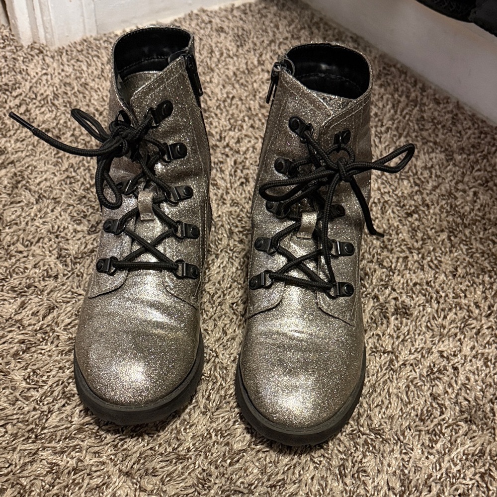 Kids Glitter Combat Boots - Silver